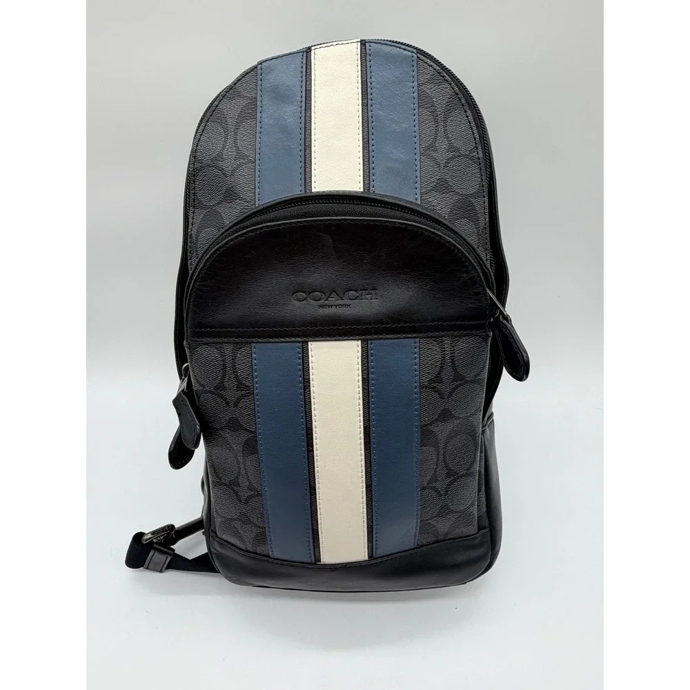 Coach West Pack Signature Canvas Varsity Stripe Charcoal Blue Sling Bag